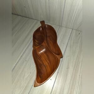 Vtg Hand Crafted Leaf Divided Dish Monkey Pod Wood Serving Tray Leilani 3 Sec.